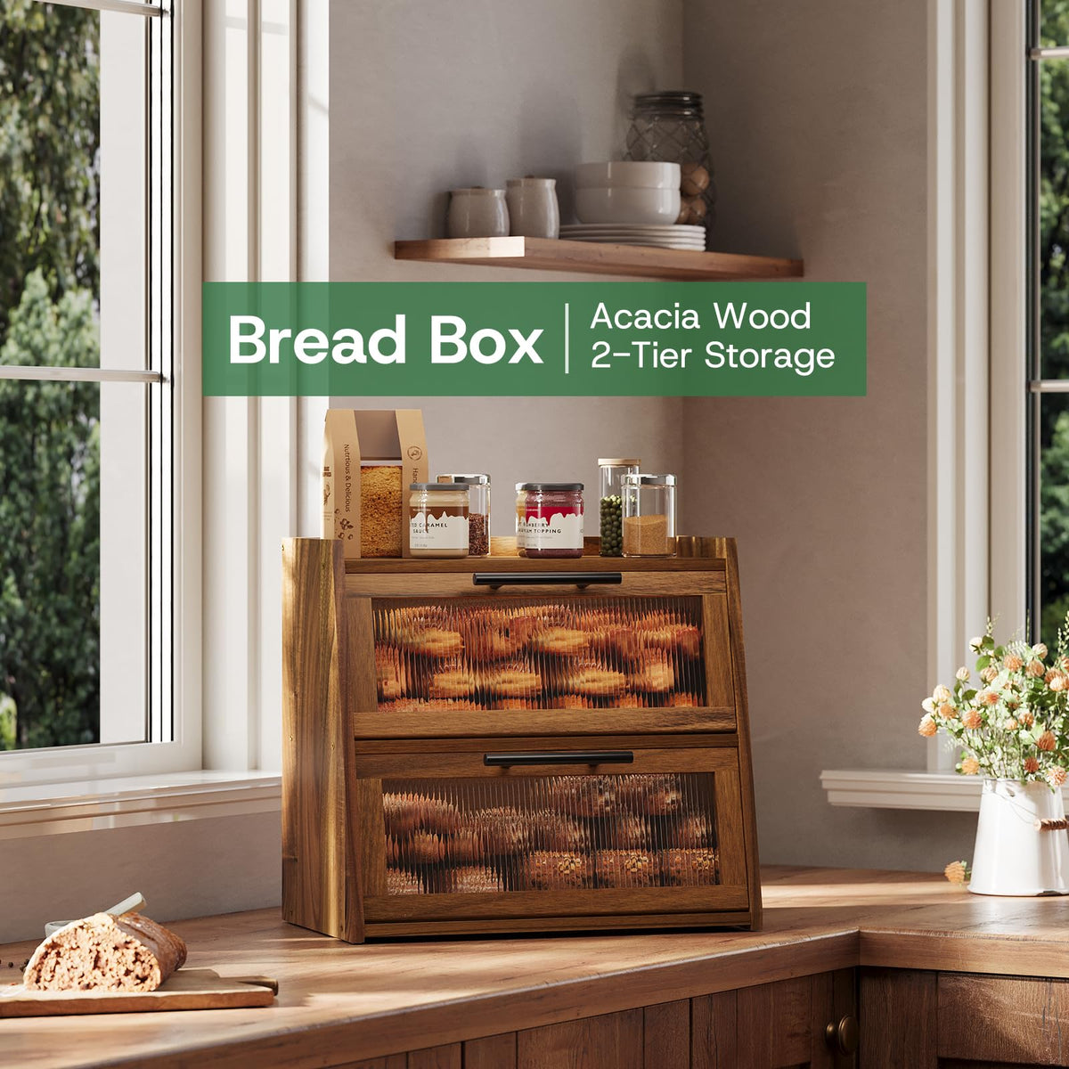 Acacia Wood 2-Layer Bread Box U4593