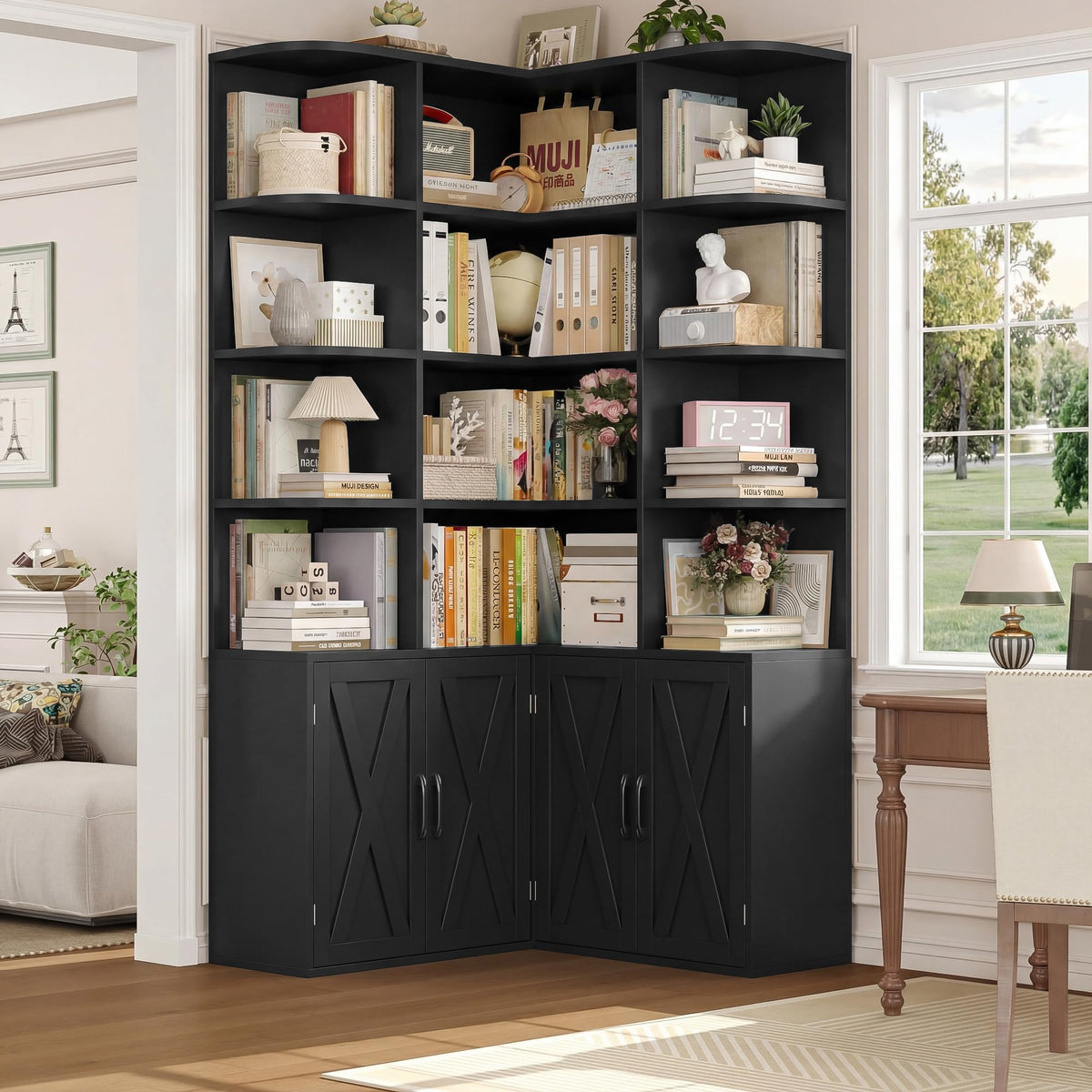 Black Bookshelf with Doors H675