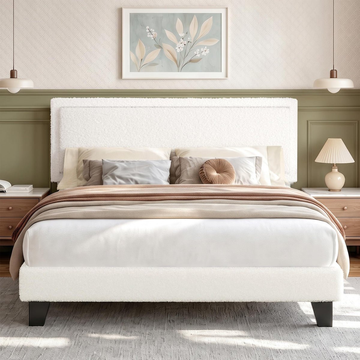 White Queen Size Upholstered Platform Bed Frame with Adjustable Headboard B77280