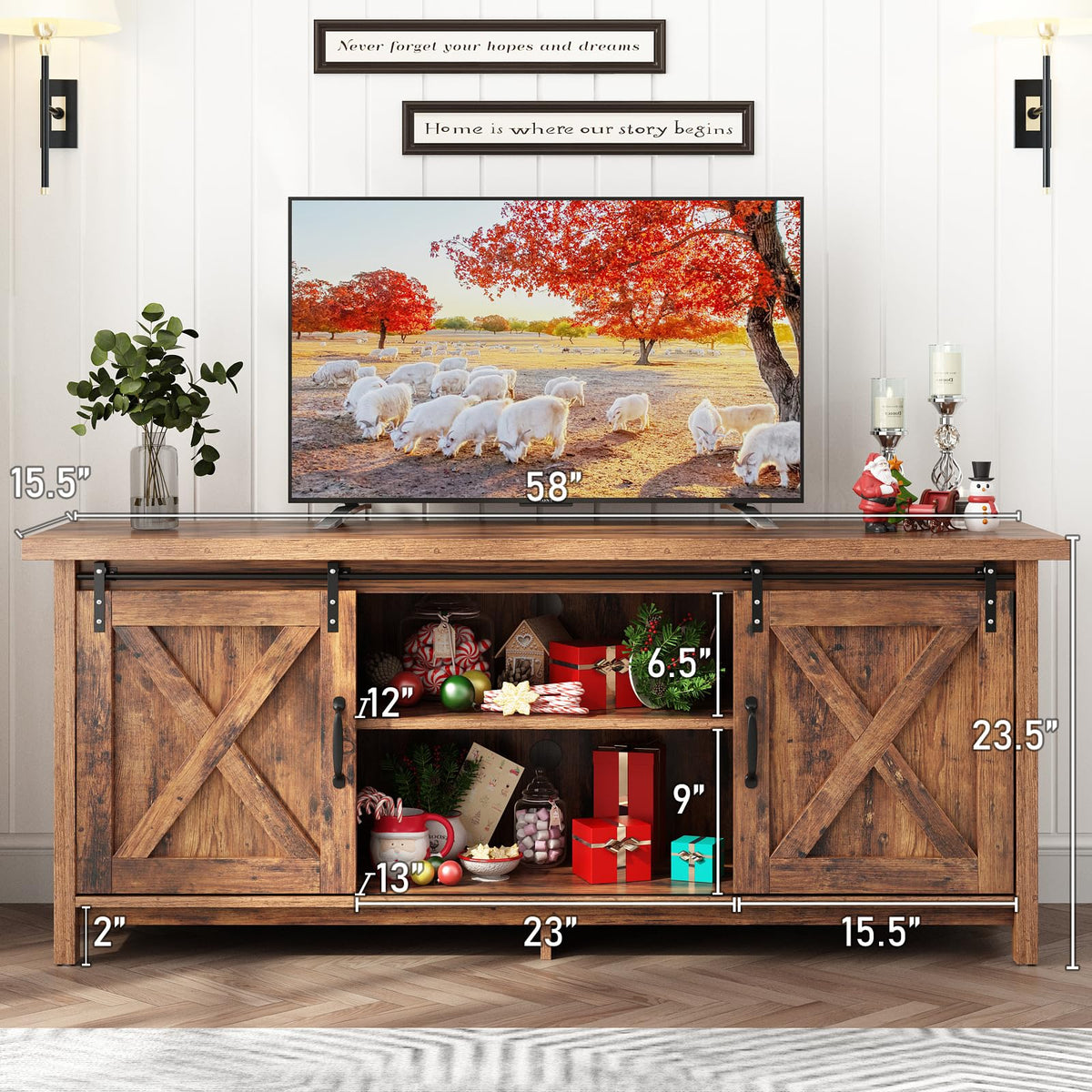 Farmhouse TV Stand with Adjustable Shelves & Sliding Barn Door Q57713