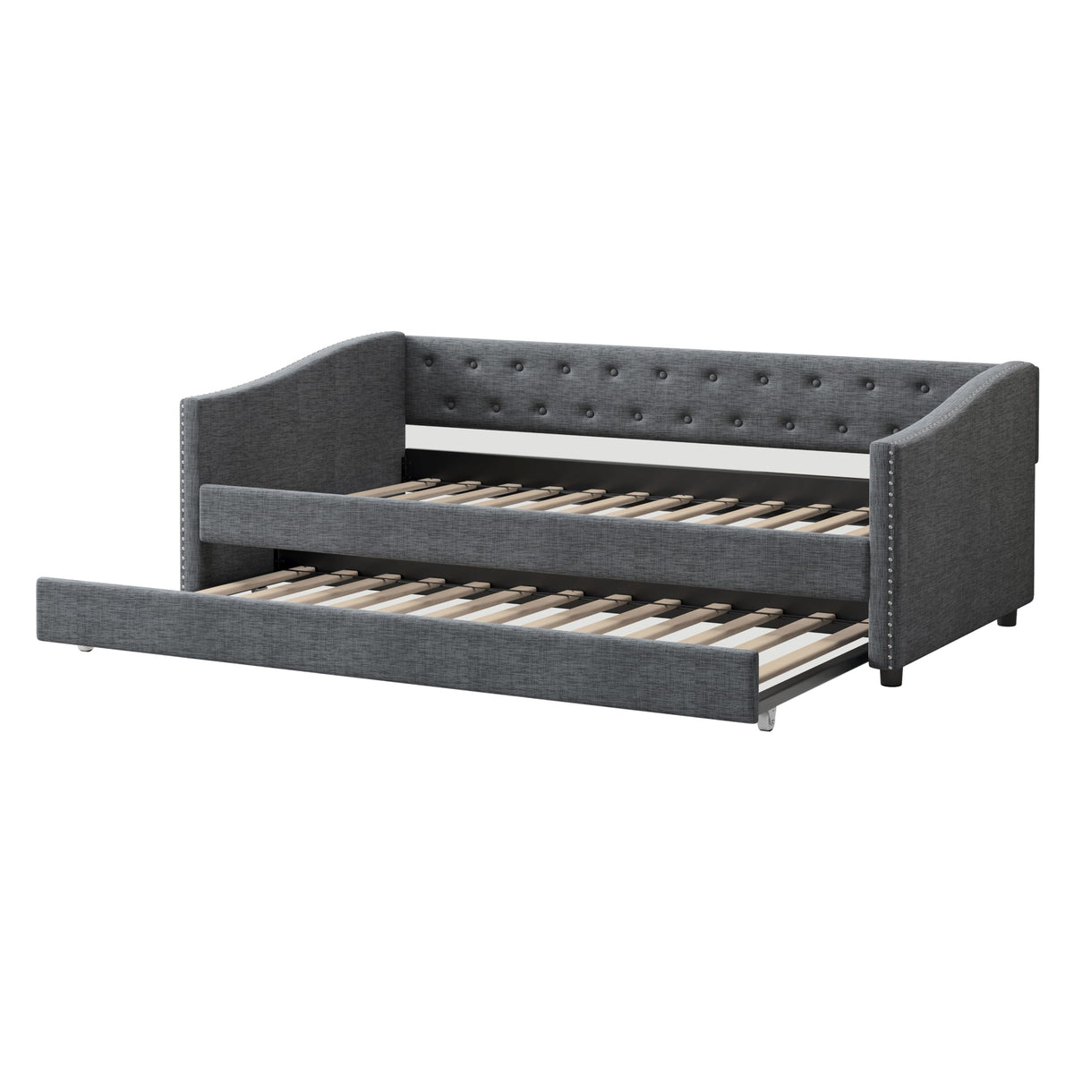 Twin Size Upholstered Daybed Frame with Trundle, Dark Grey D4218