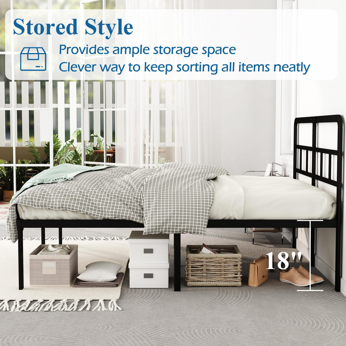18 Inch Metal Queen Bed Frame with Headboard H6292