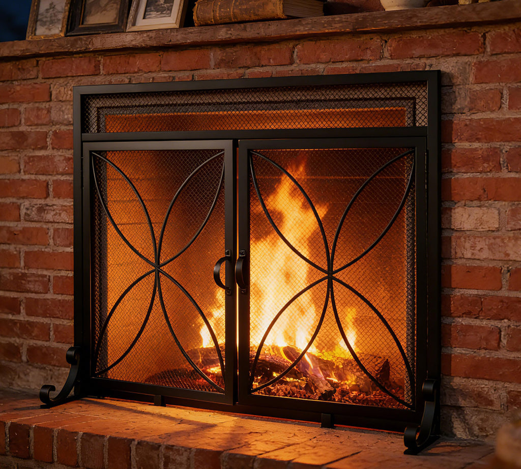 Magnetic Double Door Black Wrought Iron Fireplace Screen X917