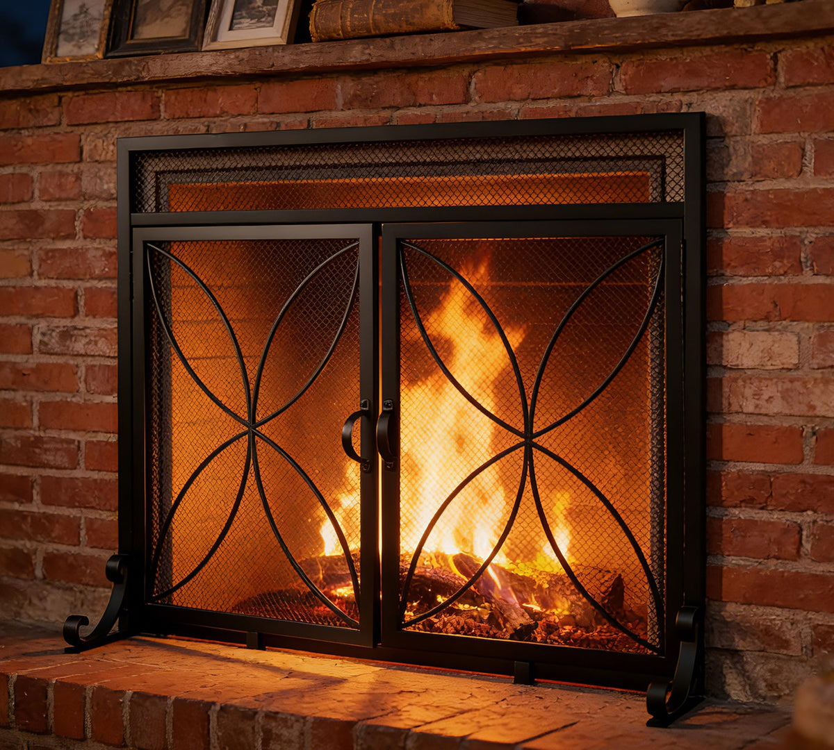 Magnetic Double Door Black Wrought Iron Fireplace Screen X917