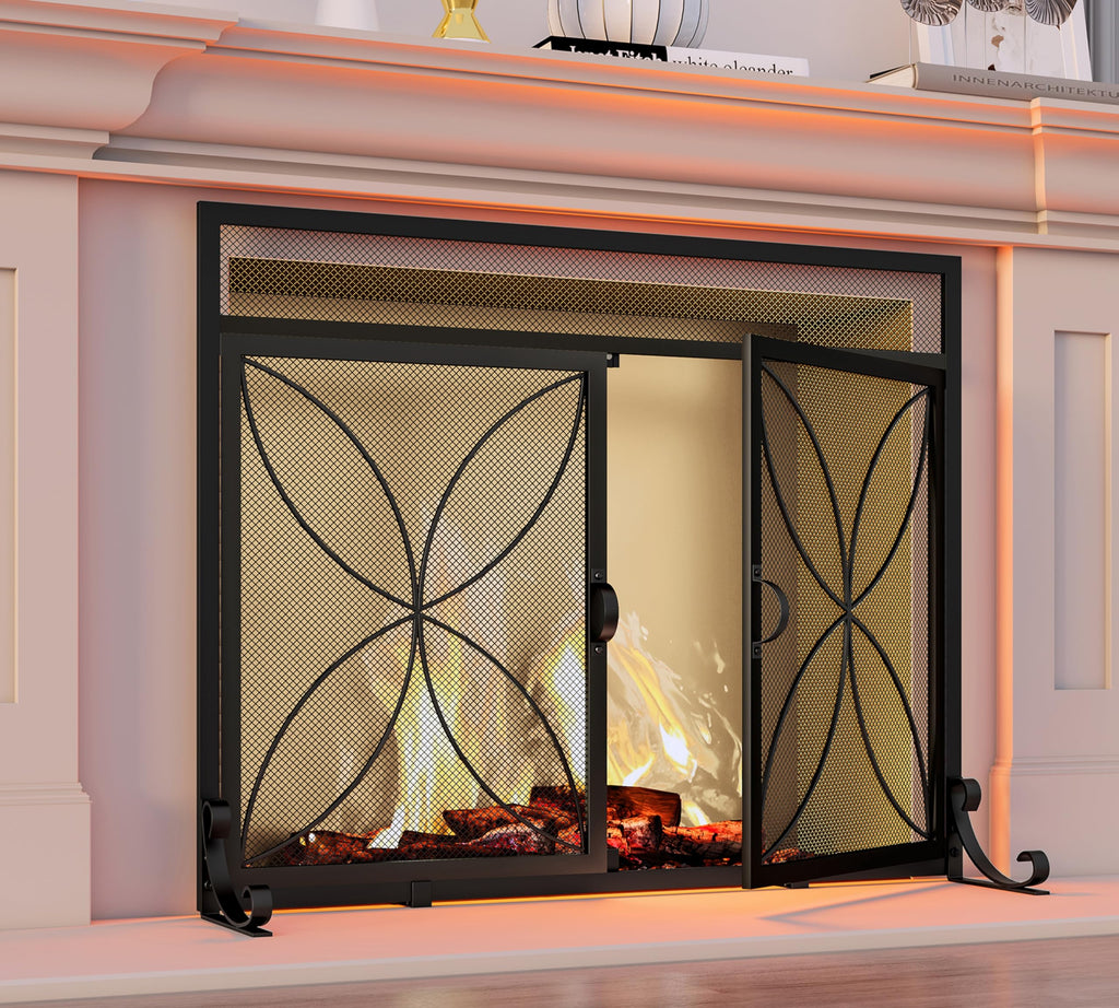 Magnetic Double Door Black Wrought Iron Fireplace Screen X917