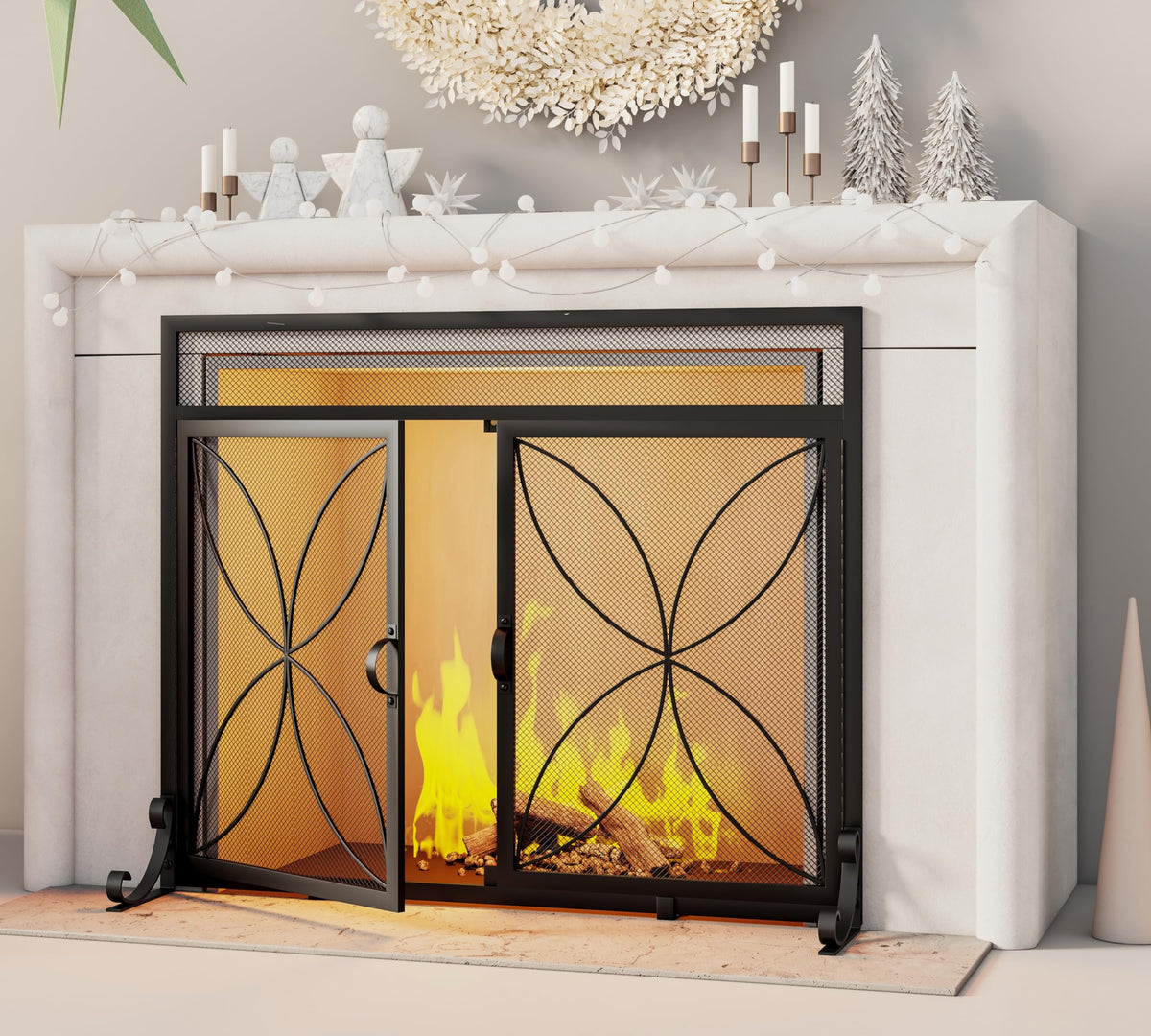 Magnetic Double Door Black Wrought Iron Fireplace Screen X917