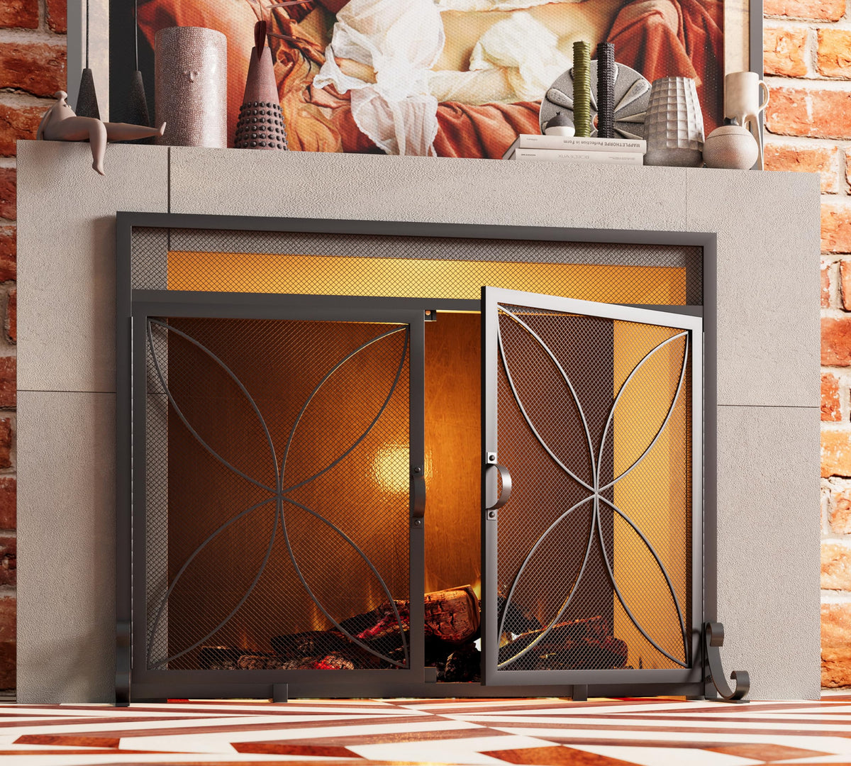 Magnetic Double Door Black Wrought Iron Fireplace Screen X917