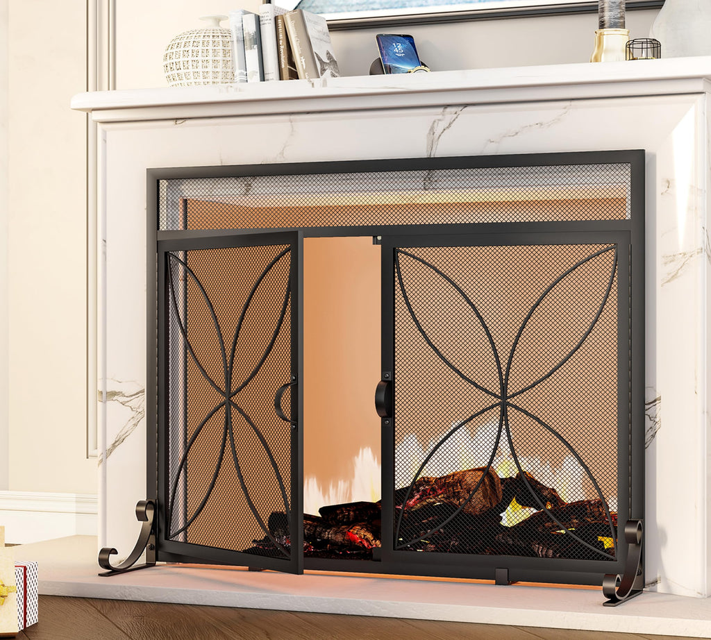Magnetic Double Door Black Wrought Iron Fireplace Screen X917