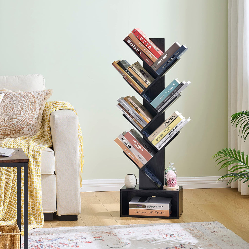 Black 6 Tier Wood Tree Bookshelf with Drawer D99322