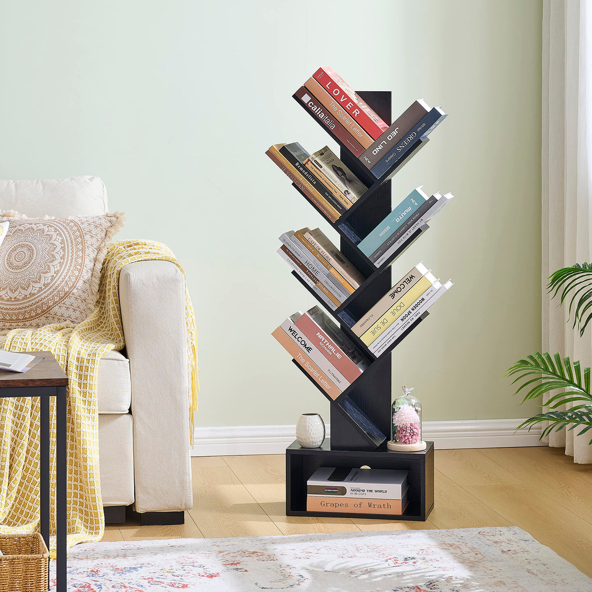 Black 6 Tier Wood Tree Bookshelf with Drawer D99322